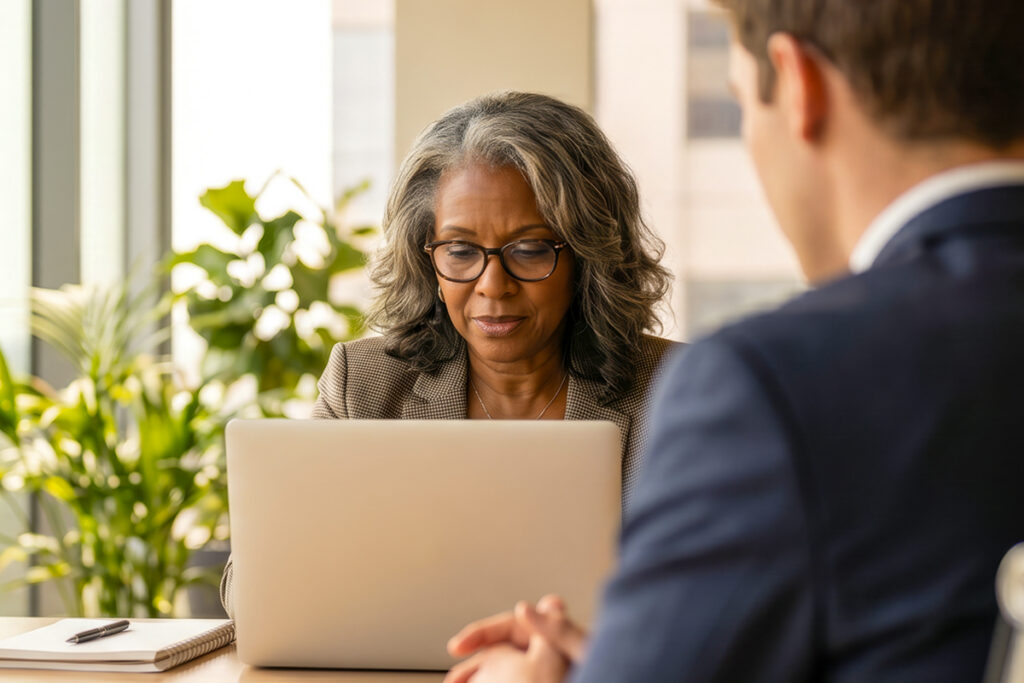 Woman on laptop in a meeting