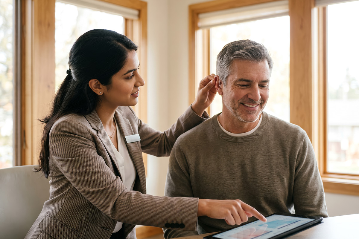 Woman checking a mans hearing aid while showing him something on a tablet