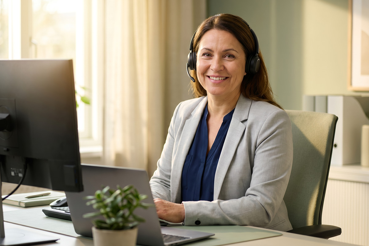 woman with a headset on infront of a monitor and laptop