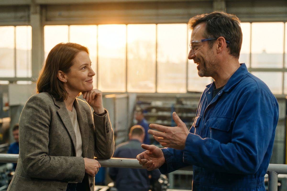 Man talking to a woman in a workshop